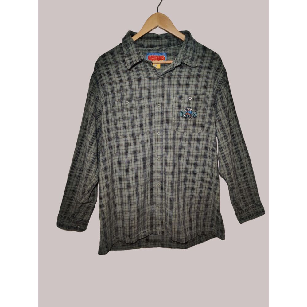 Empyre Plaid Flannel Shirt XL Green Blue Yellow Embroidered Graphic Y2K Skater